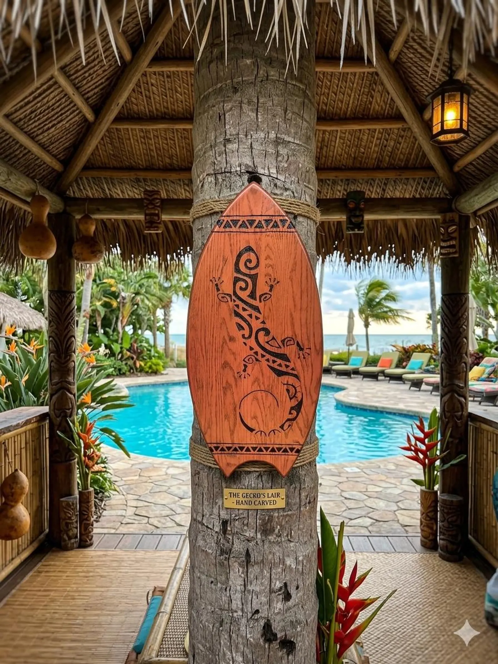Warm amber fish-tail surfboard with a hand-carved Polynesian-inspired gecko displayed on a palm trunk beside a pool